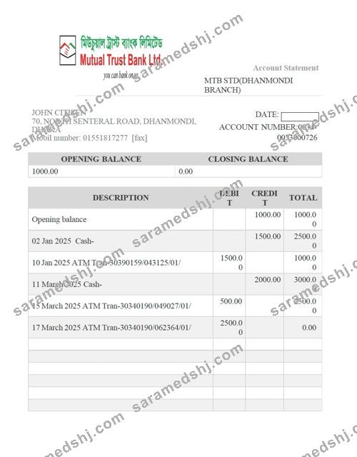 Bangladesh Mutual Trust Bank account statement Word and PDF template
